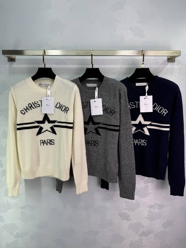 Dio*2025 Early Autumn New Star Knit Long Sleeve Classic Paris Letter Print Five-