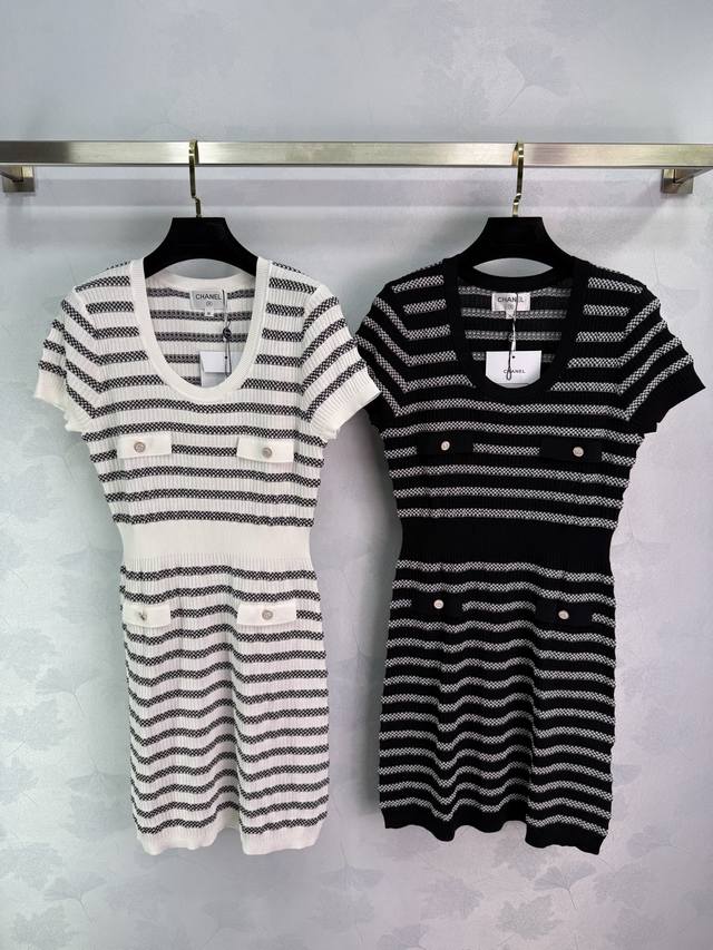 Ch*25 Summer new striped knitted dress with round neck design and digital logo d