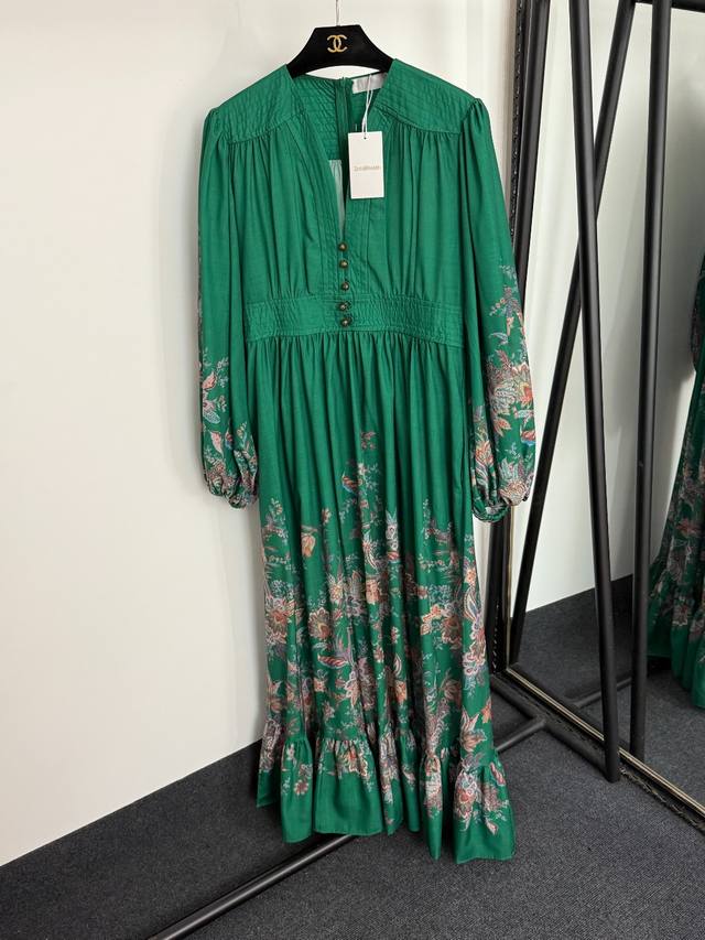 Style No. 20254118 Zimmermann new retro pattern printed V-neck waist lantern lo