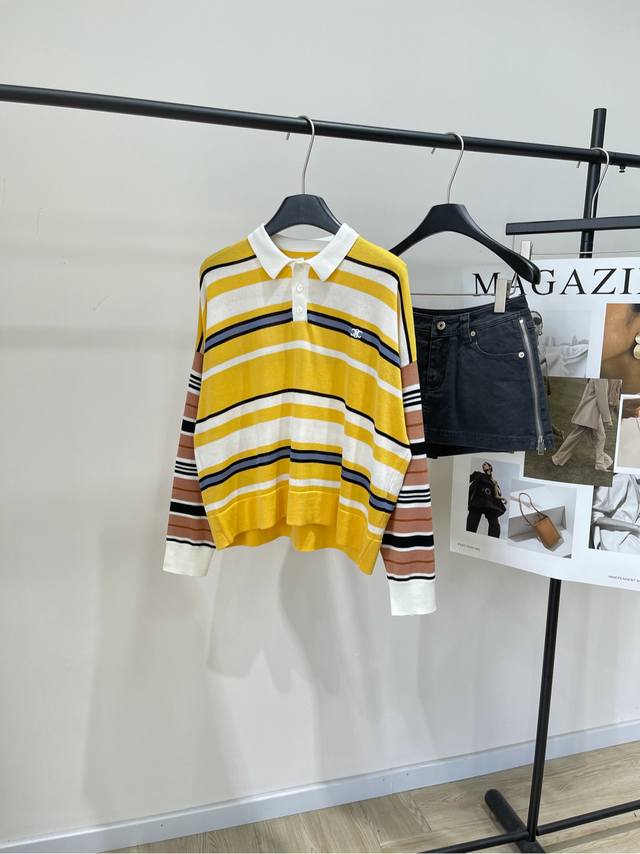 Ce Yellow striped Polo long-sleeved sweater DDD, fabric: Tencel cotton Color: ye