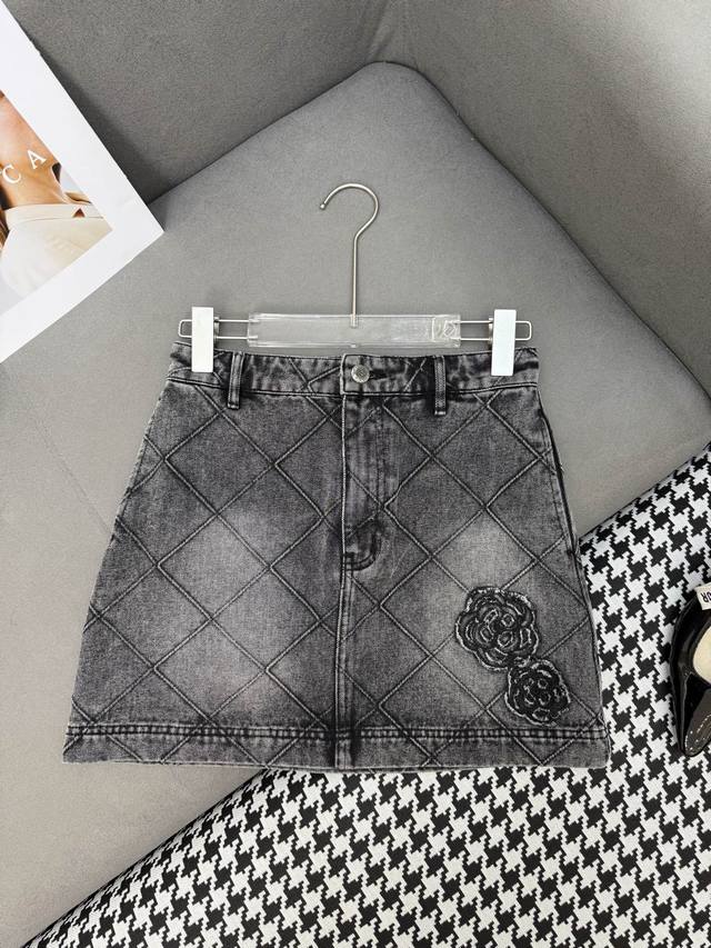 Chane* 25Ss new denim skirt diamond check fabric decoration simple and versatile