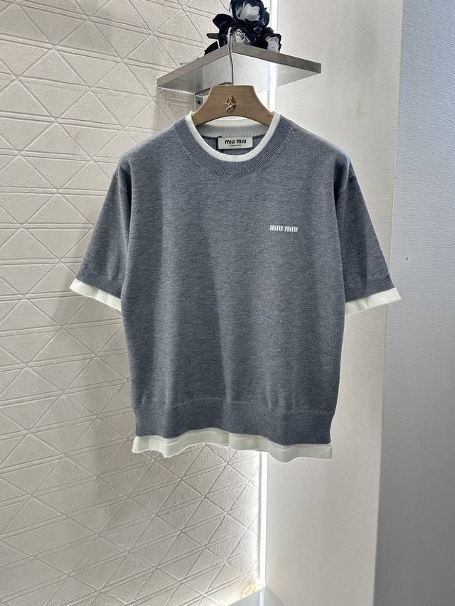 Miumi*2025 New arrivals Contrast color knitted short sleeves Customized Yb wool
