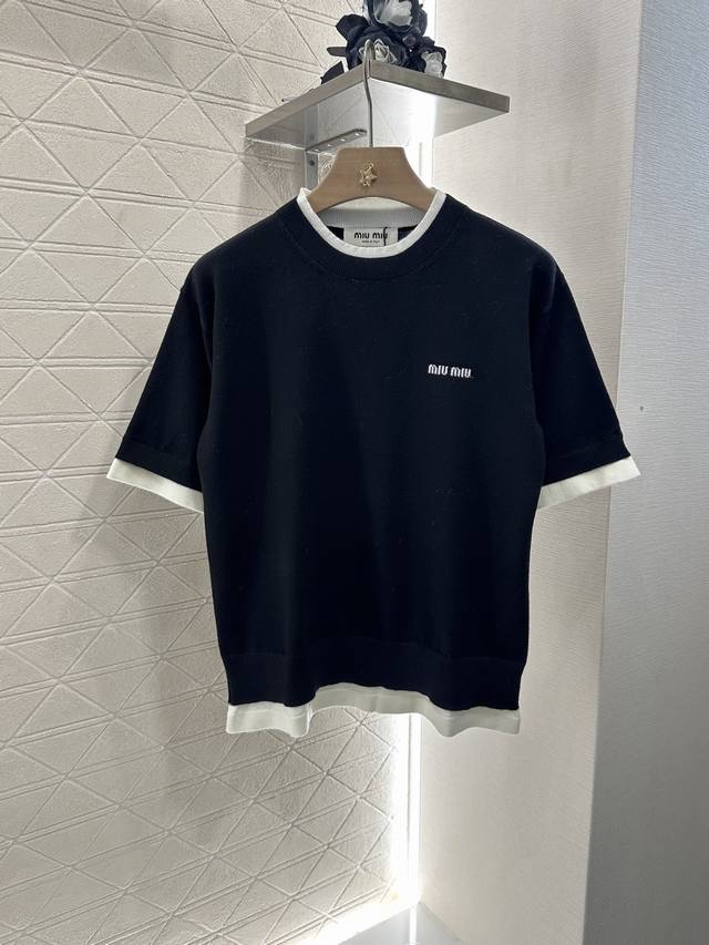 Miumi*2025 New arrivals Contrast color knitted short sleeves Customized Yb wool