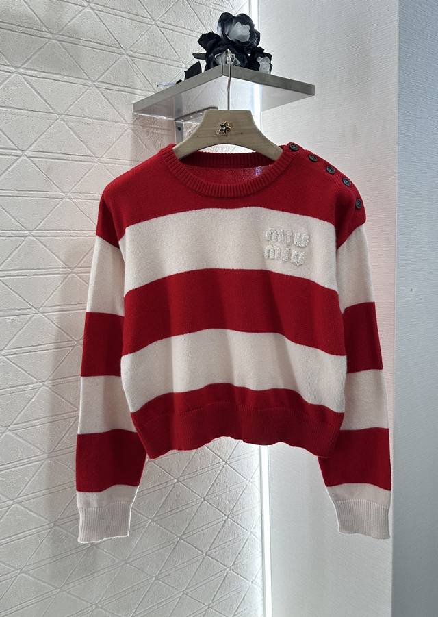 Miumi*2025 New arrivals Letter striped round neck sweater Customized Yb cashmere