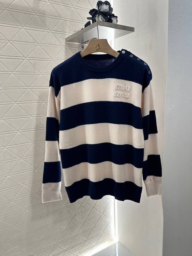 Miumi*2025 New arrivals Letter striped round neck sweater Customized Yb wool yar