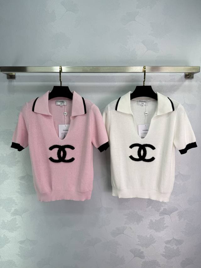 Ch*2025 Spring and Summer new style lapel knitted short sleeves, double C logo d