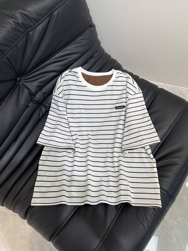 Miumi*25 New striped round neck loose two-sided short-sleeved T-shirt custom Yb