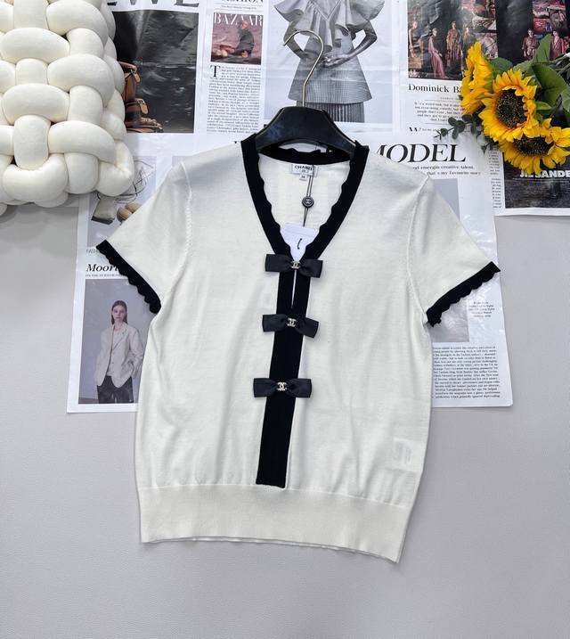 Chanel's new Chanel style bow-knitted short-sleeves, welding elegance on the bod