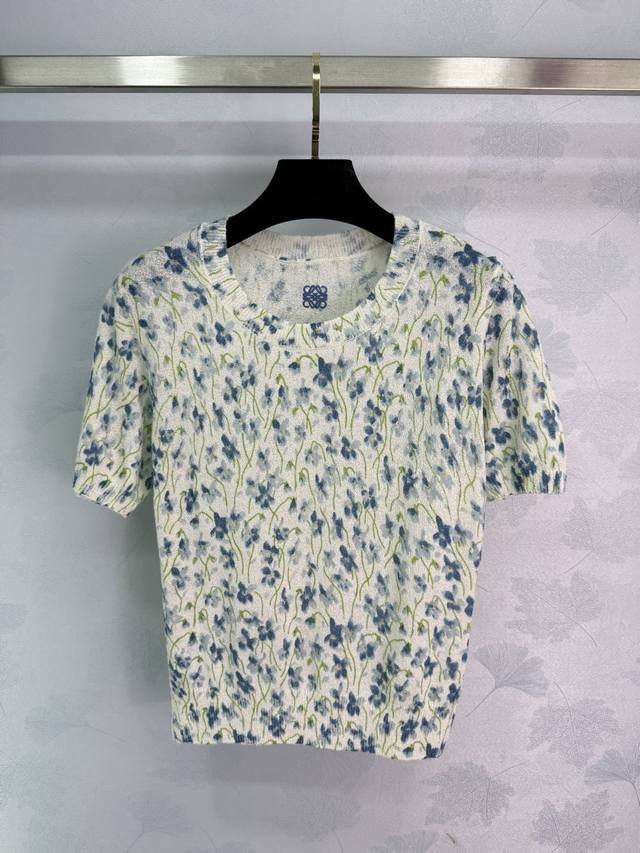 Loew* 25Fw Early Autumn New Blue and White Floral Short Sleeve Knit Sweater | Ex