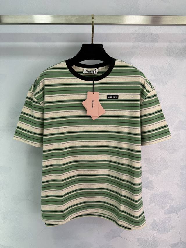 Miumi*2025 New arrival Striped round neck short sleeves Customized Yb imported c