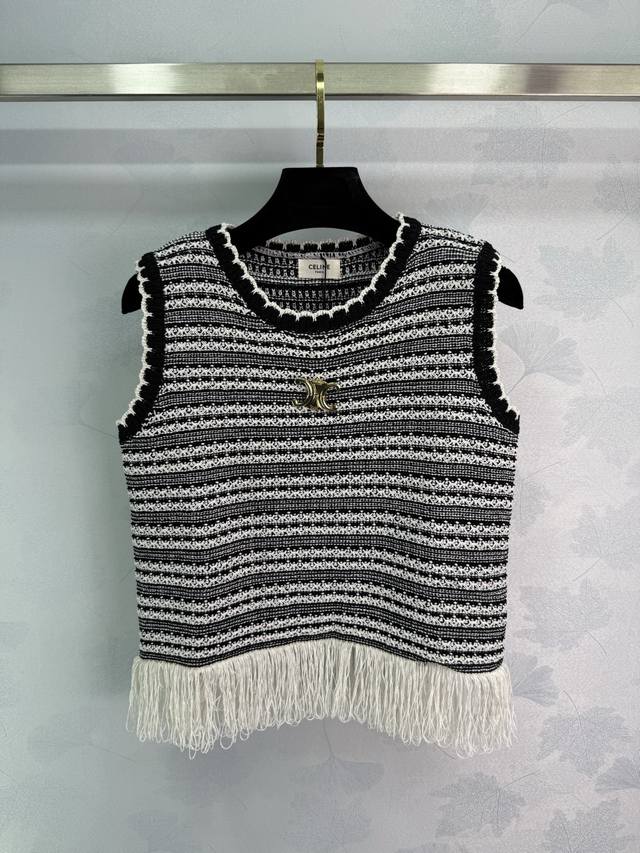Celine*2025 Spring/Summer new black and white striped knitted vest, with a gold