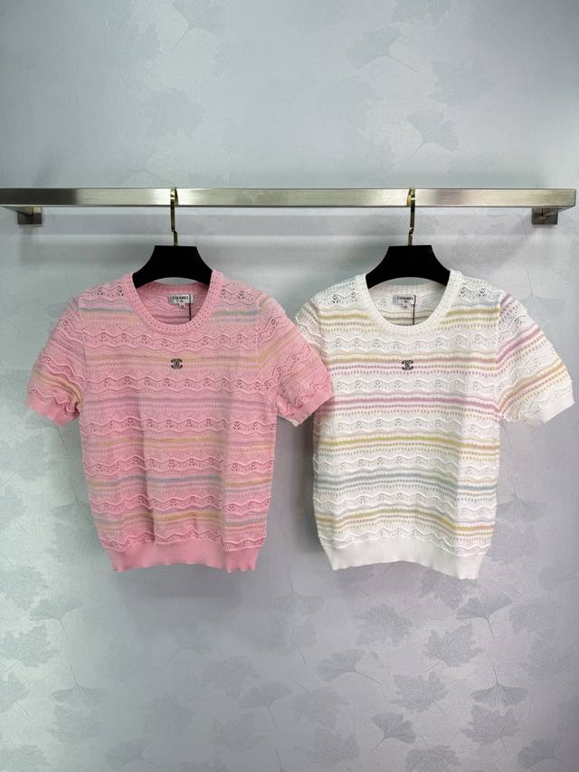 Ch*25 Summer new knitted short sleeves, round neck design, double C logo on the