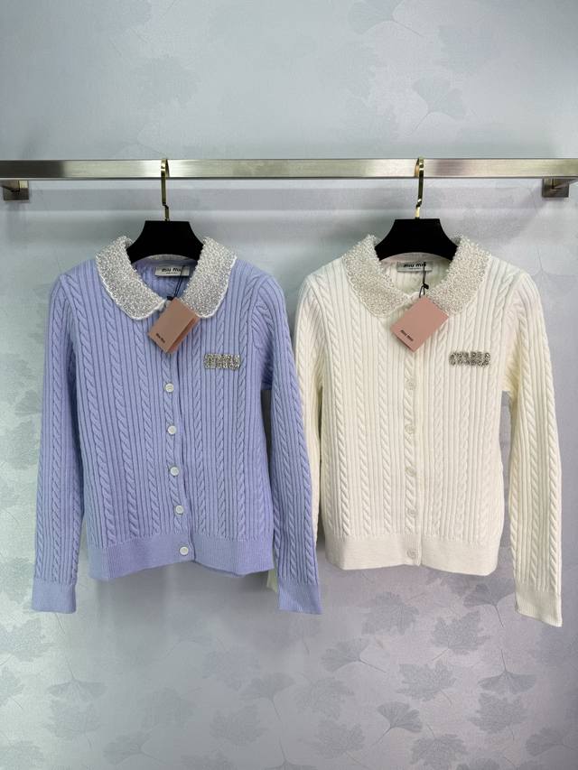 Miu*2025 Spring and Summer new knitted cardigan with exquisite pearl beaded desi