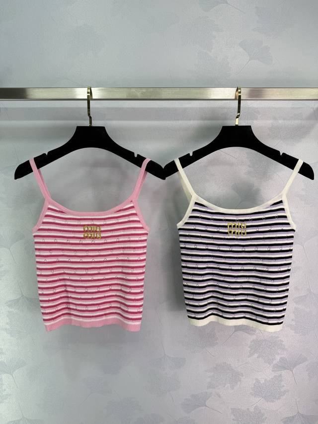 Miumiu*2025 Spring and Summer new striped knitted camisole top with gold logo em