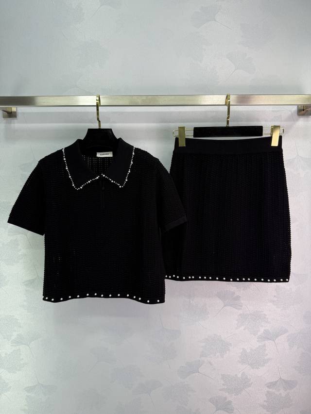 Sa*2025 Spring and Summer new pearl lapel knitted suit, lapel short-sleeved top