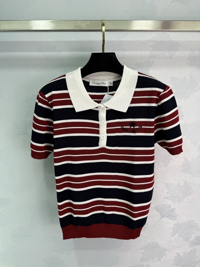 Dio*25 Early autumn new striped knitted short sleeves, white lapel design, small