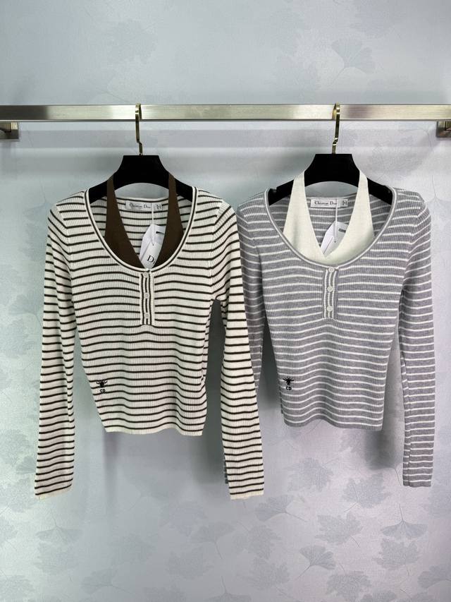 Dio*2025 Early Autumn new striped sweater, fake two-piece, U-neck button design,
