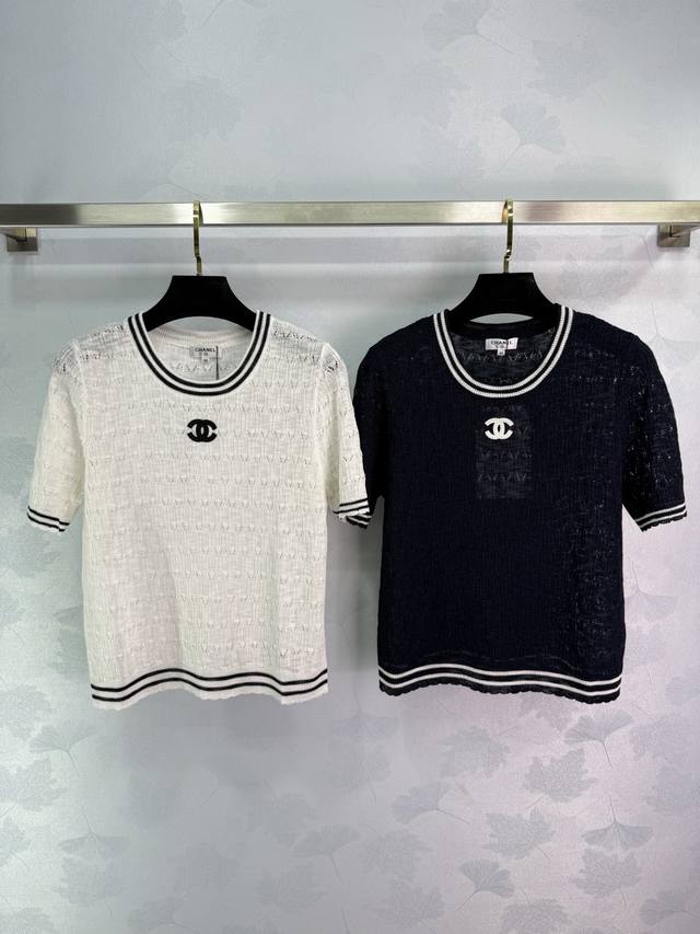 Ch*2025 New summer knitted short sleeves, round neck, color matching design, dou