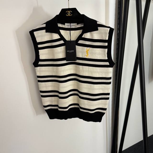 Style No. 20254059 Ysl* New Simple Logo Embroidery Hollow Striped Lapel Knitted