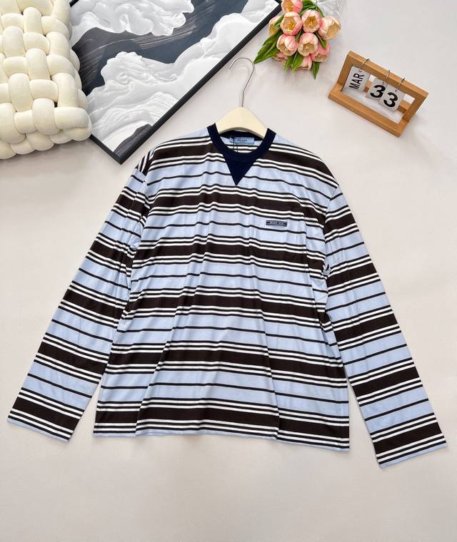Prada25Ss Spring and summer new mint chocolate striped long-sleeved round neck T
