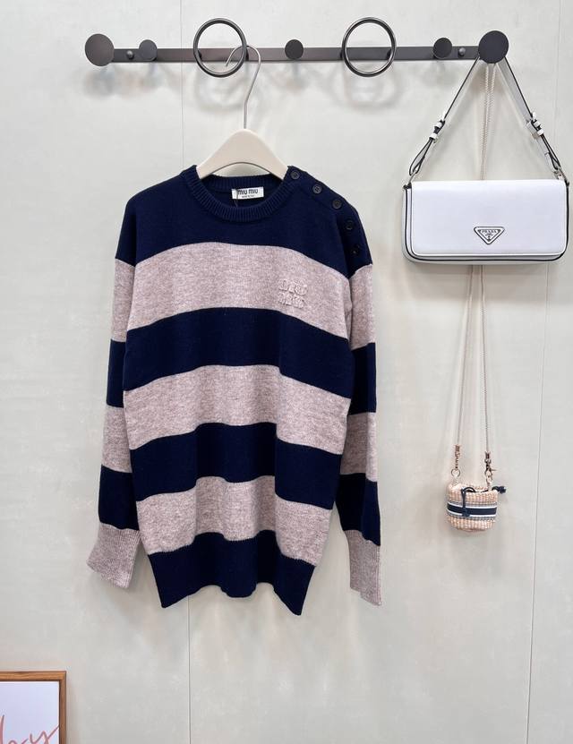 Miumiu2025 new letter striped round neck sweater, customized Yb cashmere wool ya