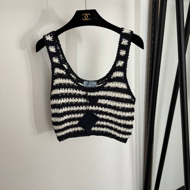 Style No. 20254050 Prad* New triangle logo decorative hollow striped knitted ca