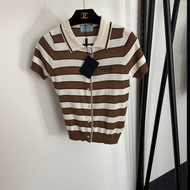 Style No. 20254046 Prad* New Simple Logo Embroidery Lapel Short Sleeve Striped