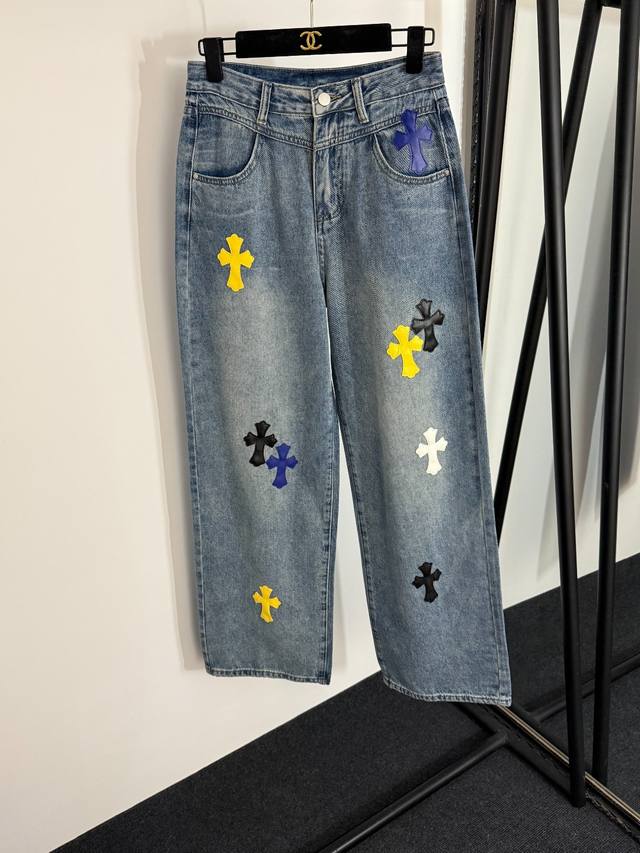 Style No. 20254030 Chrome Hearts* new leather cross high waist slim jeans, blue