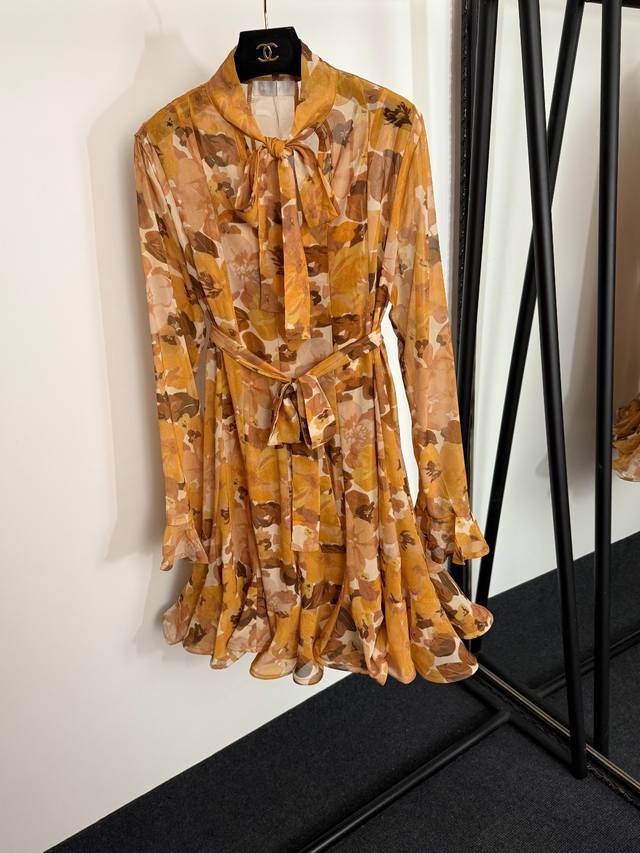 Style No. 20254023 Zimmermann new retro flower print tie waist ruffle long slee