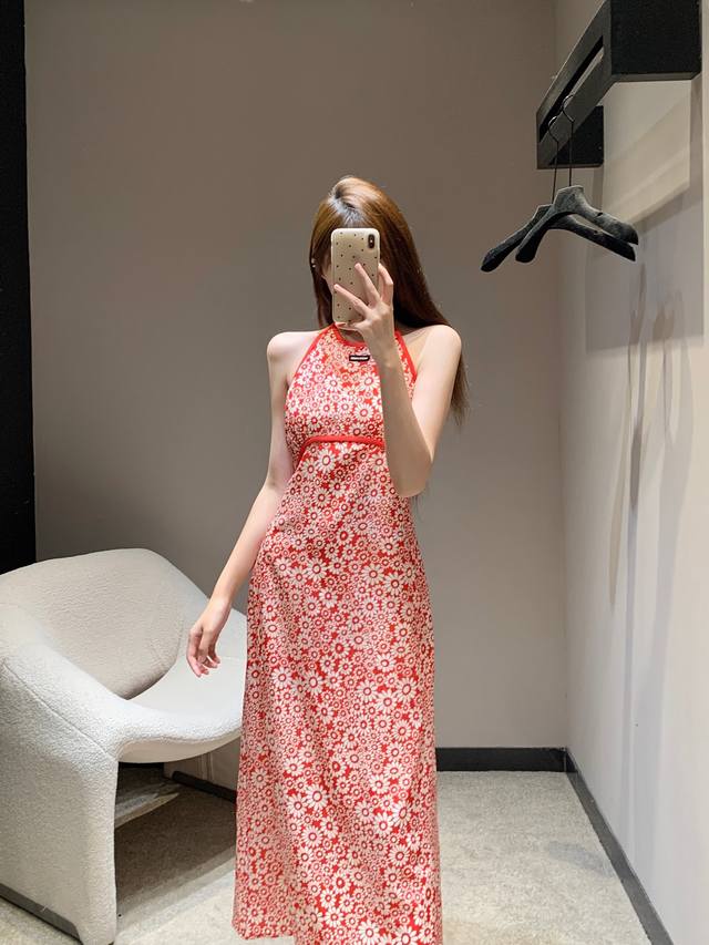 Miumi* 25Ss Spring and Summer new red floral halter dress ح Exclusively develope