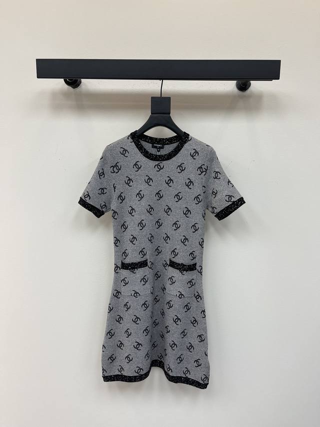 Chane Chanel double C full print knitted dress, gray background with black trim,