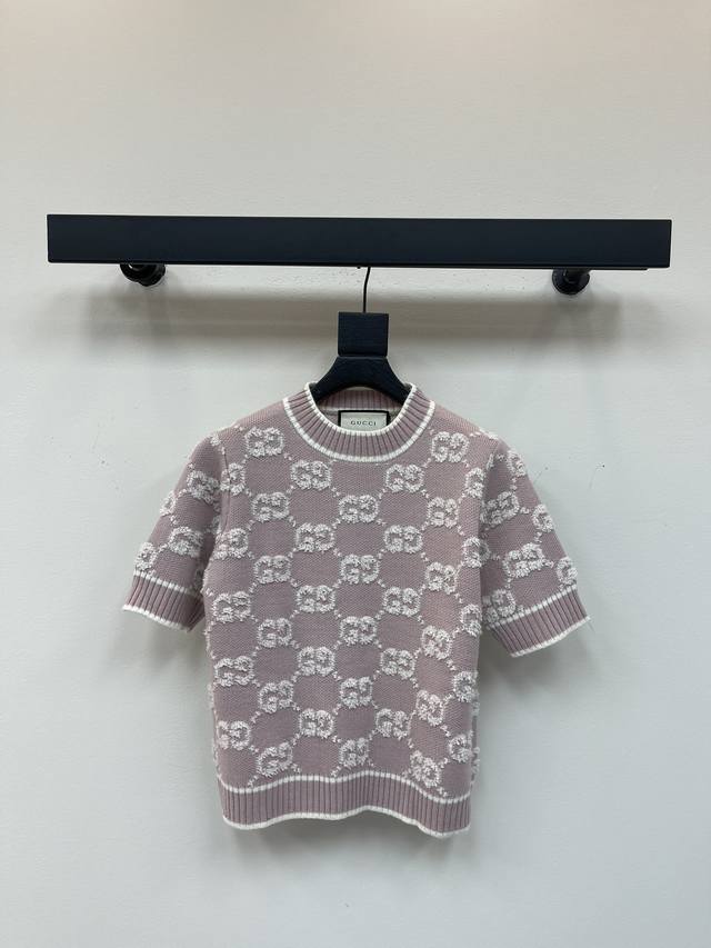 Sakura Pink Full-Mark Knit Short Sleeve Wool Knot Jacquard Top The Gg pattern re