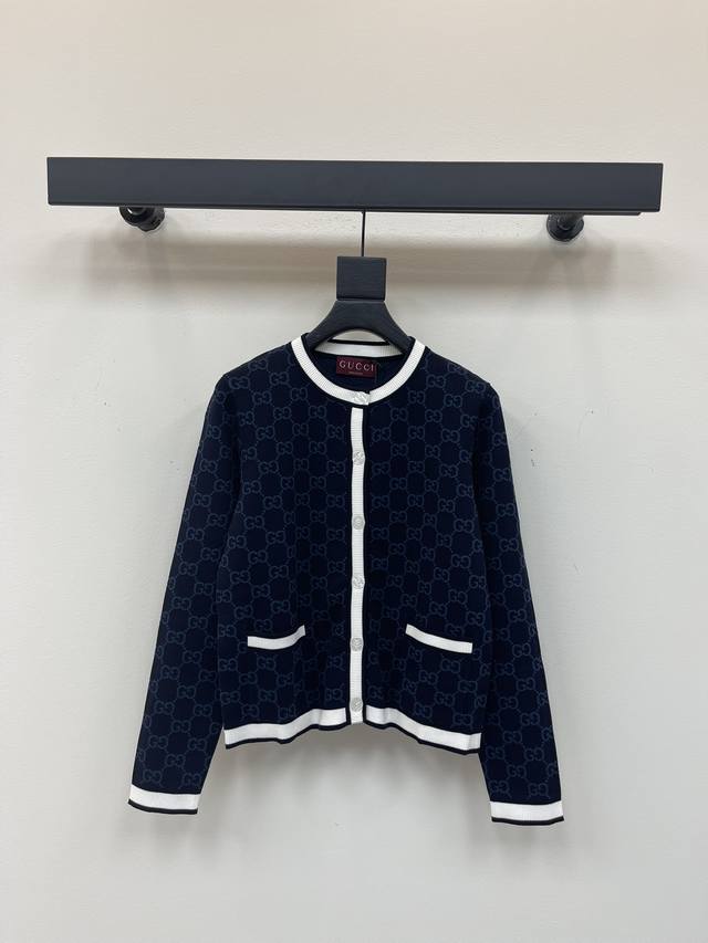 Gucc*Double G full print knitted cardigan, dark blue with white edges, full Gg j