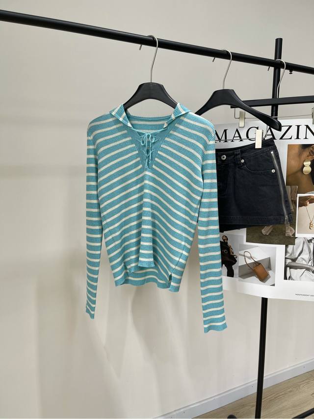 D Bandage striped navy collar long-sleeved sweater DDD, fabric: linen + mulberry