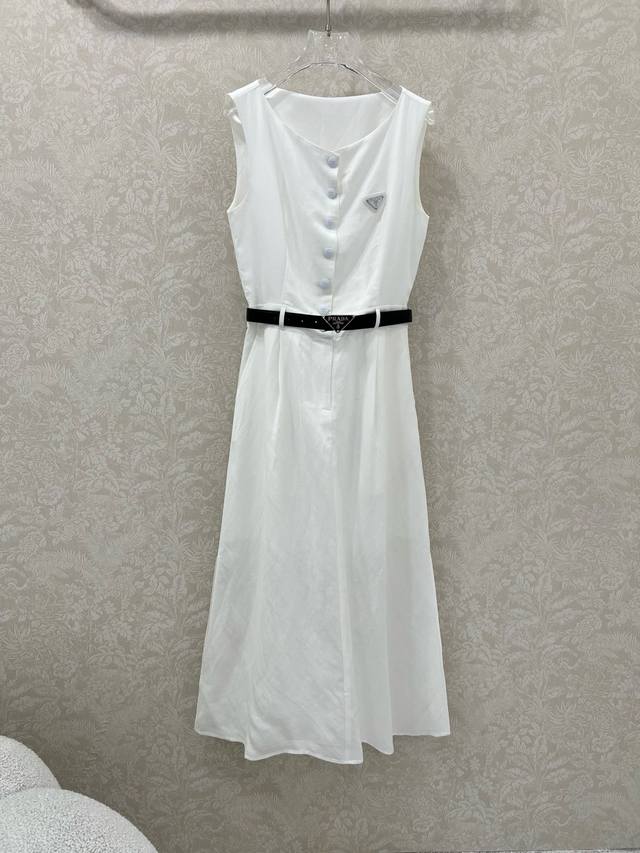 Prad* 25 New linen fabric dress Round neck vest waist long skirt Custom half-but