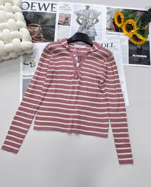 Dior2025 new shawl collar striped knitted long-sleeved top, customized Yb linen
