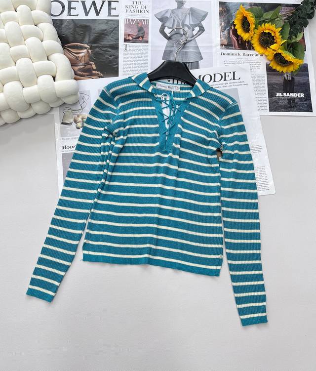Dior2025 new shawl collar striped knitted long-sleeved top, customized Yb linen