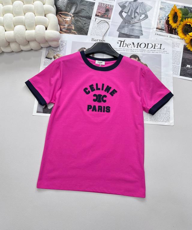 Celine new denim-colored letter patch short-sleeved round neck T-shirt There is