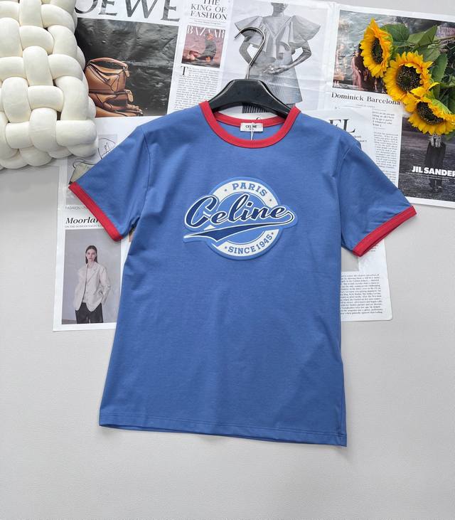 Celine new round neck foam letter print T-shirt, customized Yb twill cotton mate