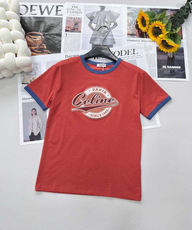 Celine new round neck foam letter print T-shirt, customized Yb twill cotton mate