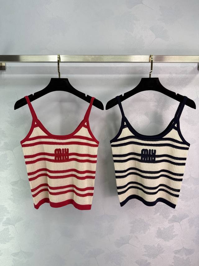 Miu*2025 Spring and Summer new striped knitted camisole! Hollow knitted camisole