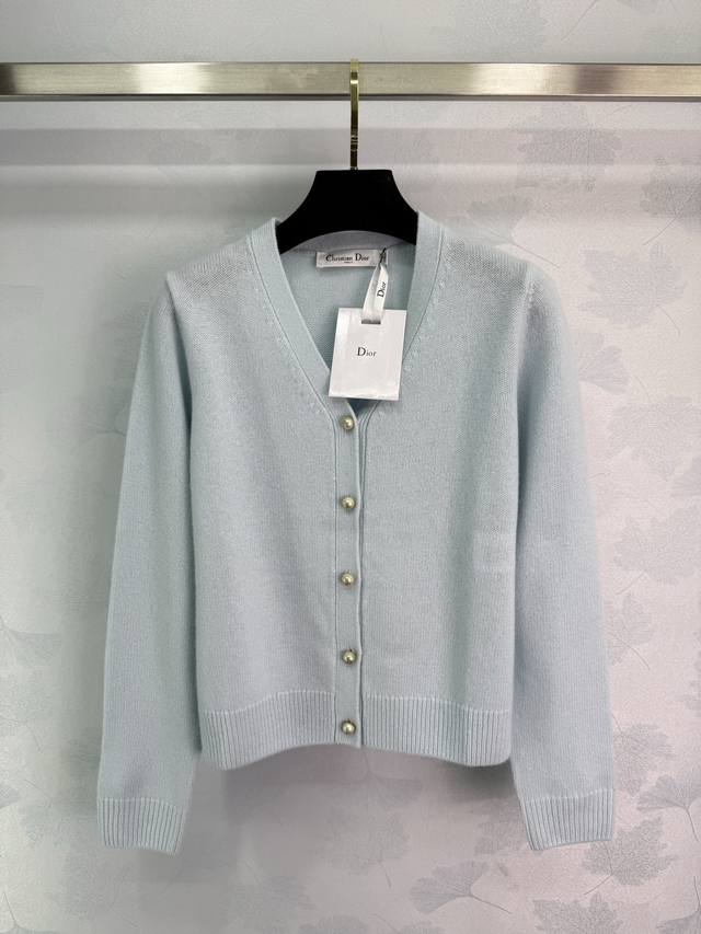 Dio*2025 Early Autumn New Series Light Blue V-neck Cashmere Cardigan, Gold Pearl