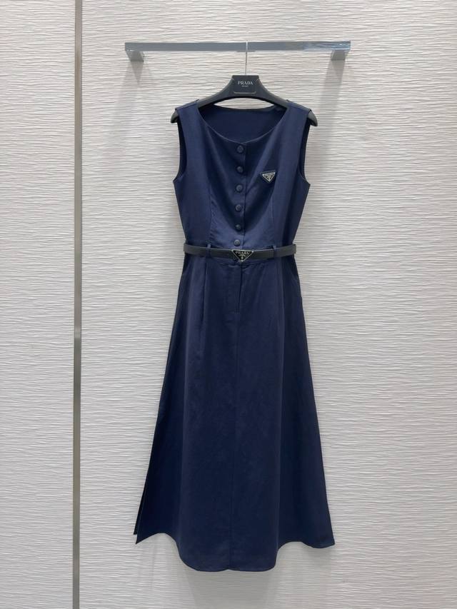 Prad*2025Ss New 100% linen fabric design full of stunning vest dress! Simple old