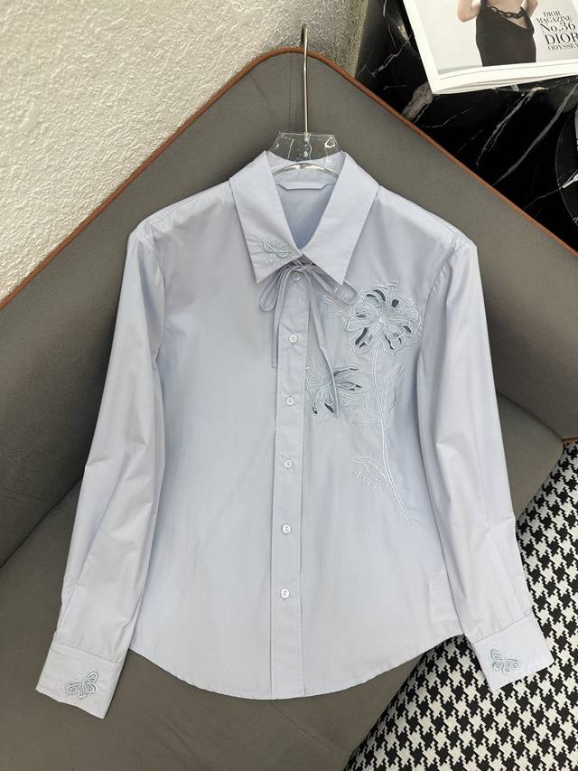 Gucc* 25Ss New Long Sleeve Shirt Chest Flower Embroidery Decoration High Quality