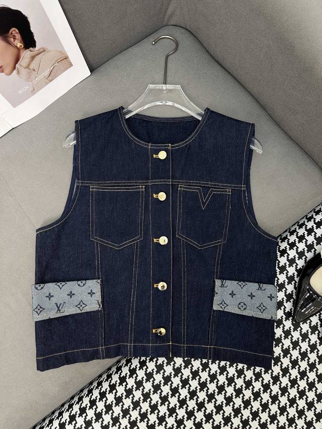Louis Vuitto* 25Ss new denim vest jacket pocket old flower print stitching decor