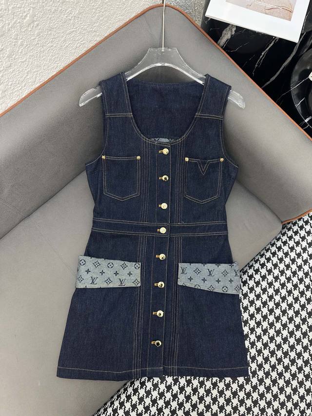 Louis Vuitto* 25Ss New Single-breasted Vest Dress Printed Denim Fabric Splicing