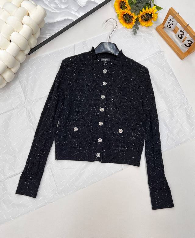 Chanel2025Ss new lace hollow knitted cardigan. Customized Yb cashmere yarn weavi