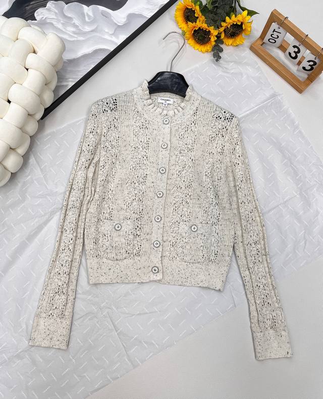 Chanel2025Ss new lace hollow knitted cardigan. Customized Yb cashmere yarn weavi