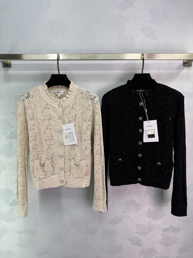 Ch*2025 New knitted cardigan with exquisite hollow pattern design and double C b