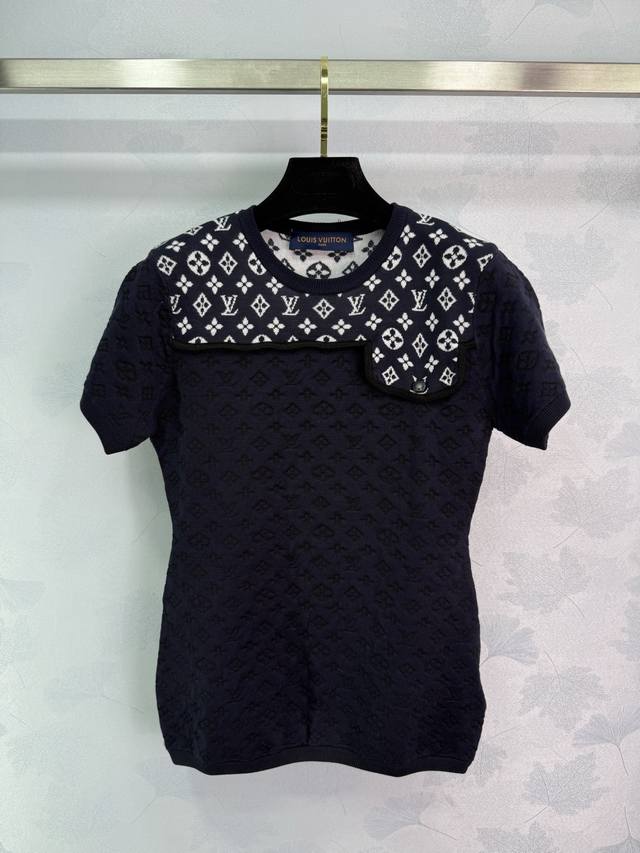 Lou*2025 Spring and Summer new knitted short-sleeved dark blue with white monogr